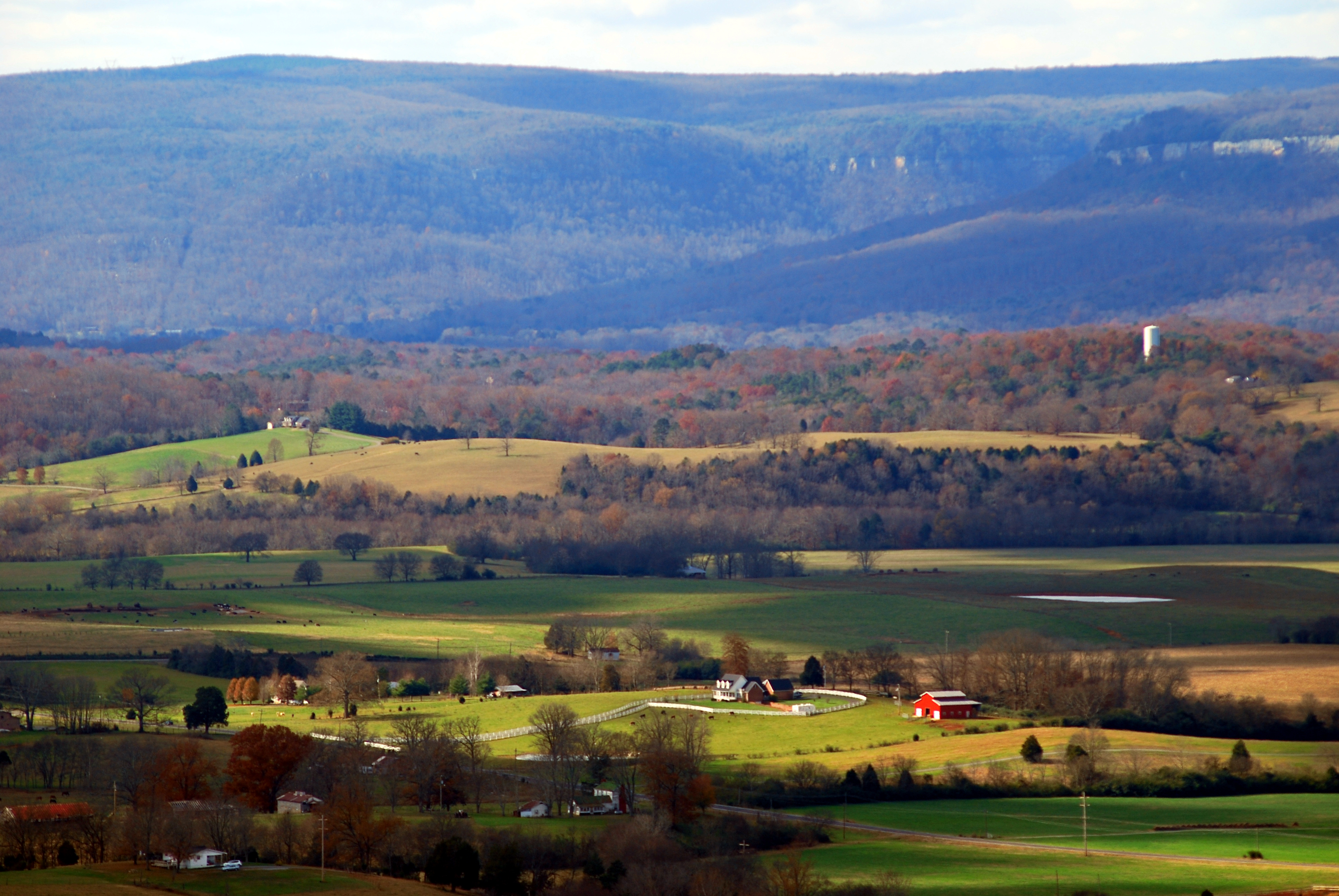 Farmland and wooded ridges elsewhere in the Sequatchie Valley
